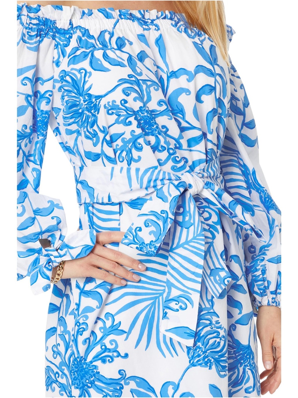 Lilly Pulitzer White and Blue Off-Shoulder Floral Dress - Picture 5 of 5